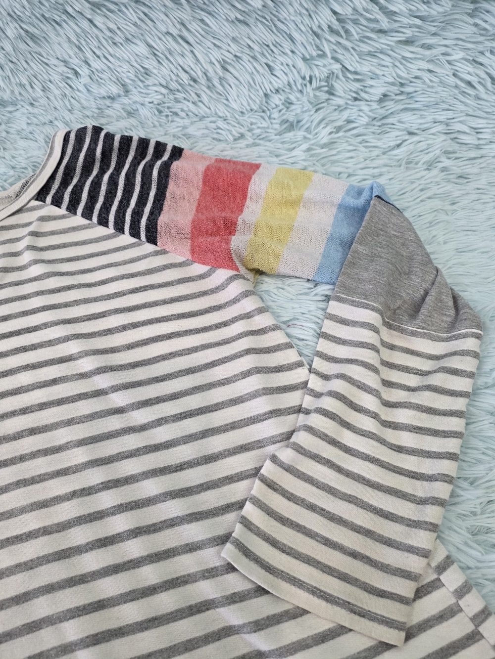 My Story Striped Raglan Top Medium Grey Cream Mixed Pattern Sleeves Boho - Picture 3 of 8